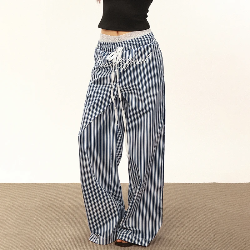 ROMORE  肌理感条纹宽松休闲裤女夏季松紧腰百搭抽绳直筒阔腿长裤