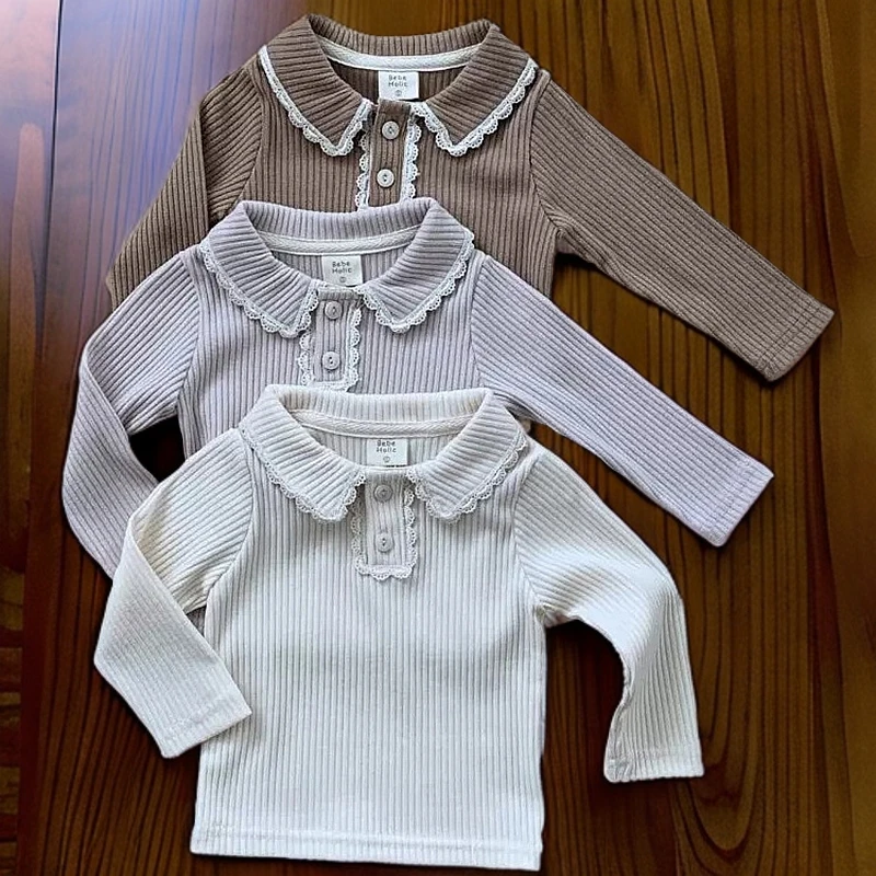 韩版2025春秋装女宝宝绣花边翻领长袖打底衫女童洋气T恤上衣服