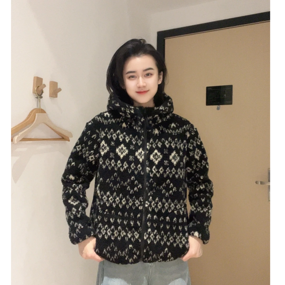 黑花费尔岛休闲简约百搭冬季保暖外套拉链防风颗粒绒连帽加厚开衫
