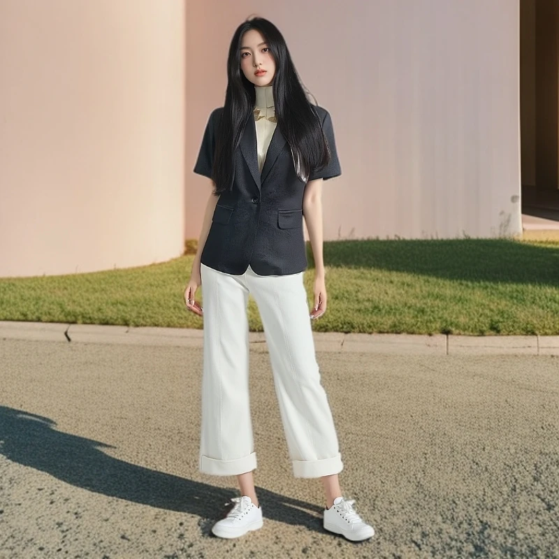 纽扣常规纯色短袖通勤七分袖西装百搭西装薄款