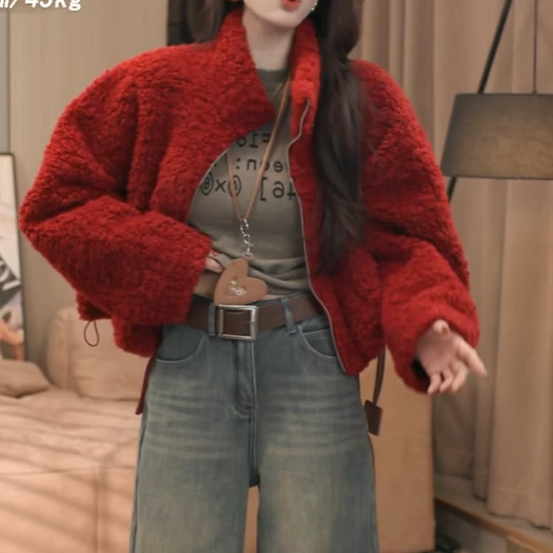 冬季厚款名媛淑女风气质立领宽松小个子毛毛外套女LK2508965