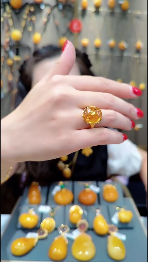 【闪购商品】琥珀戒指银S925镀金镶嵌H323琥珀戒指