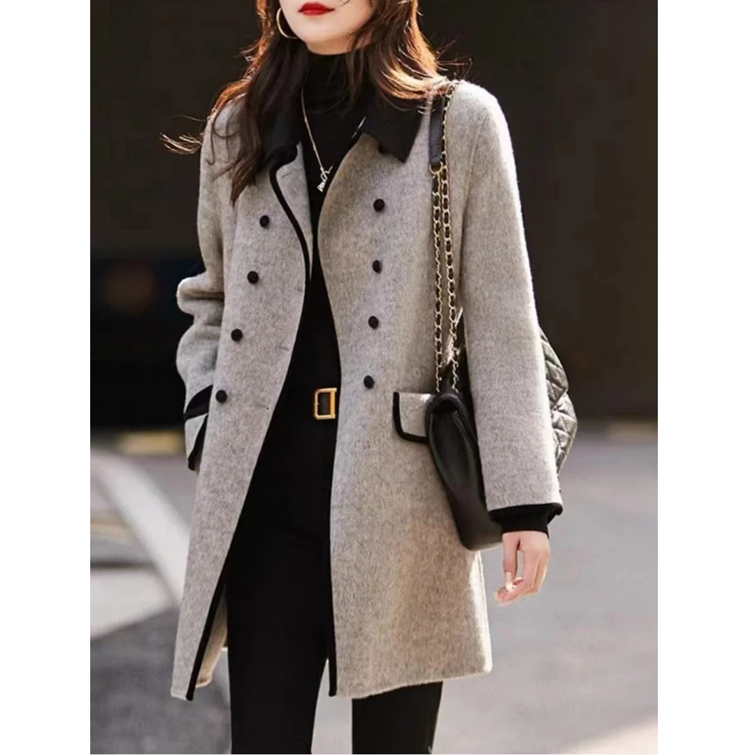 悦享女装2024冬季新款百搭高级感翻领中长款双排扣毛呢大衣外套