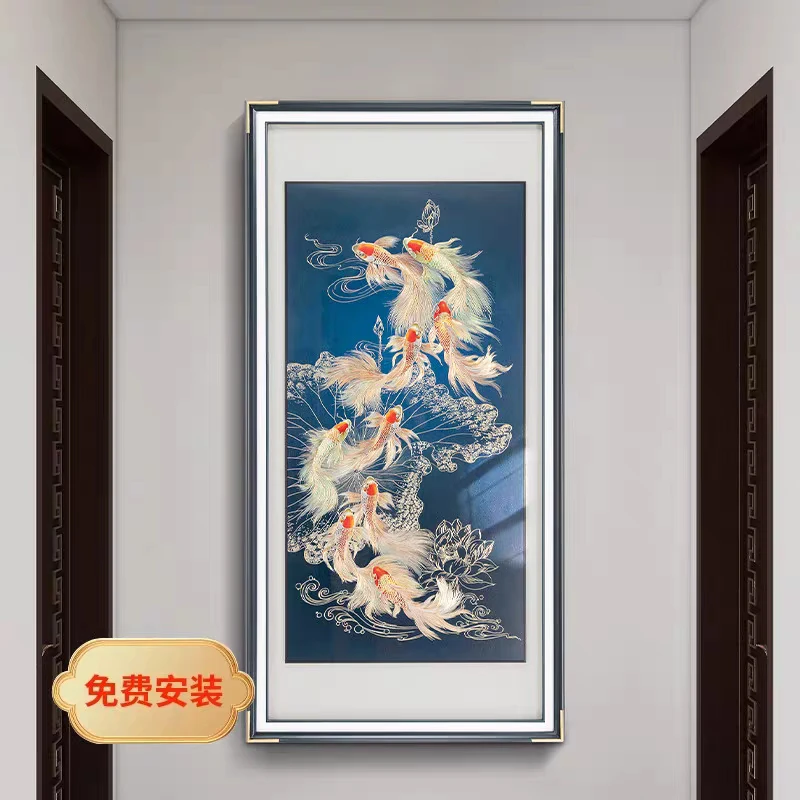装饰画2025年新款入户玄关寓意好荷花九鱼图铜雕画高端轻奢高级感