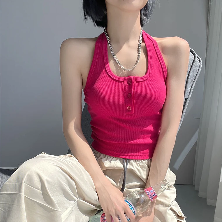 树莓红吊带背心女带胸垫外穿通勤多巴胺挂脖纽扣别致美背上衣显瘦