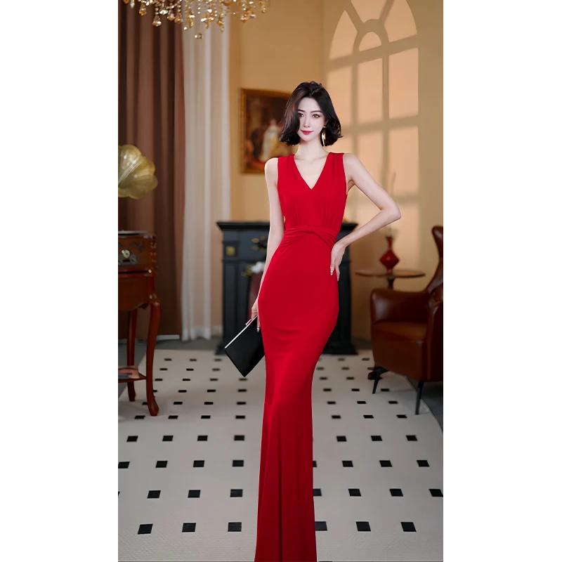 尤克菲儿 原创 轻奢高定 设计夏季V领水晶麻 收腰瘦身气质连衣裙