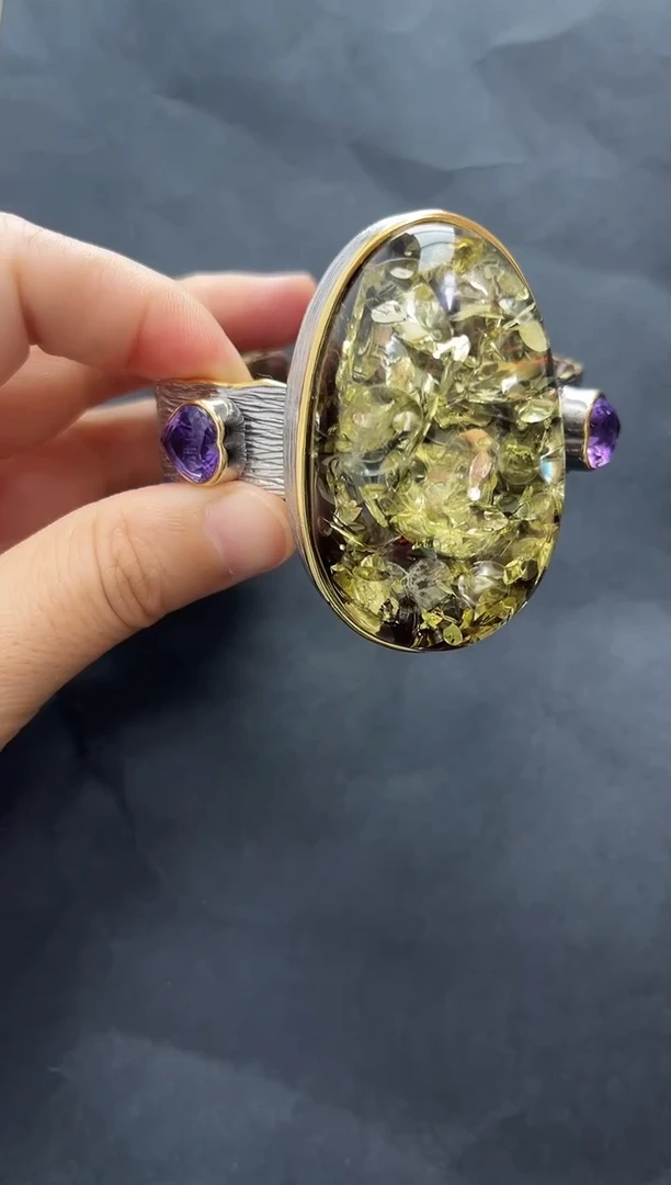 银S925镶嵌琥珀裸石琥珀手镯