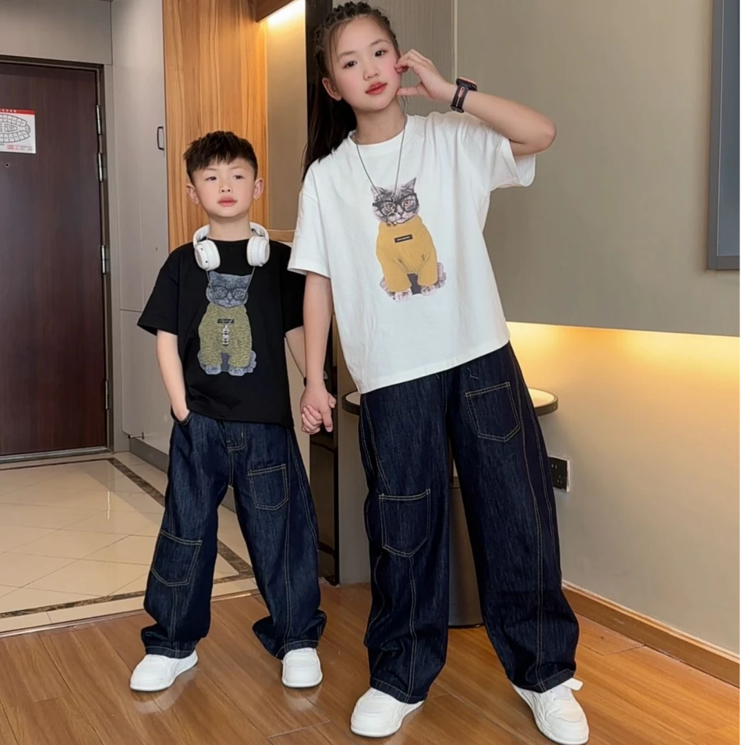 姐弟款夏季短袖T恤儿童中大童卡通猫半袖牛仔弯刀裤时尚套装