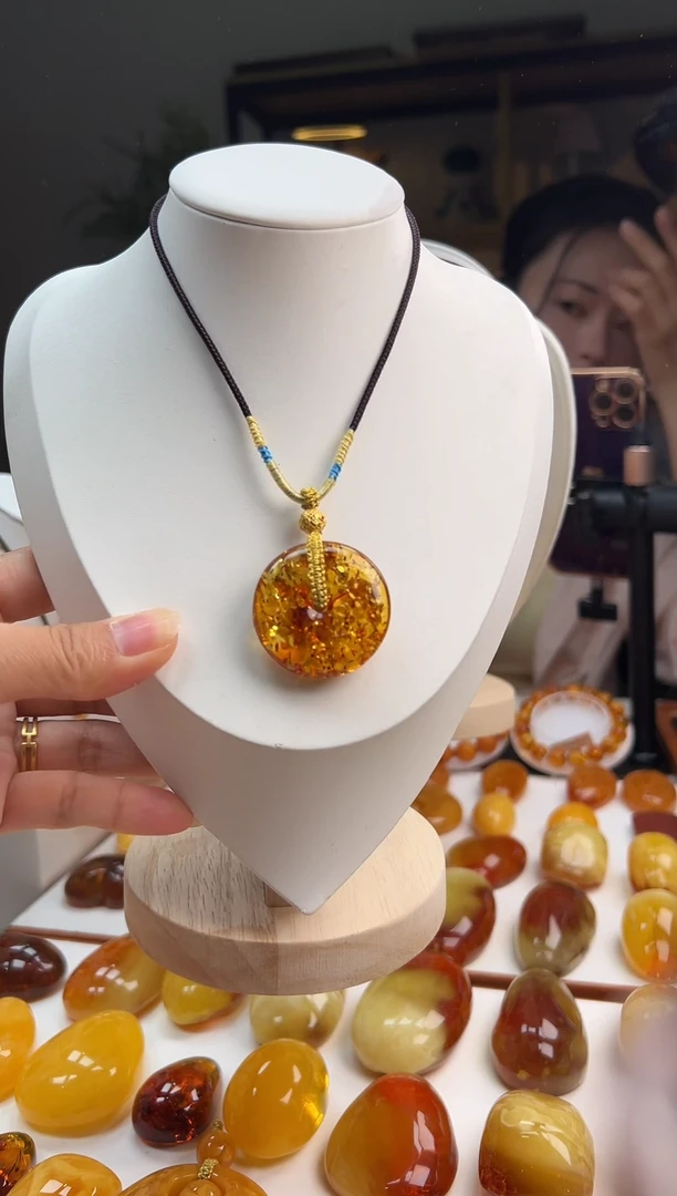 琥珀（花珀）吊坠(赠链)银S925镶嵌精品花珀平安扣