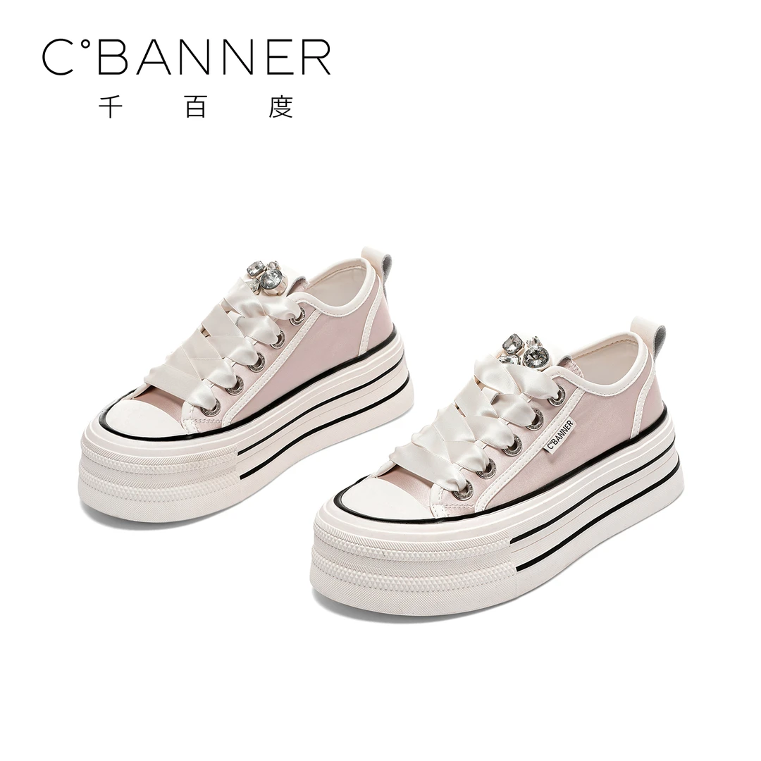 C.BANNER/千百度时尚网面透气低帮鞋2025新款厚底系带休闲鞋增高