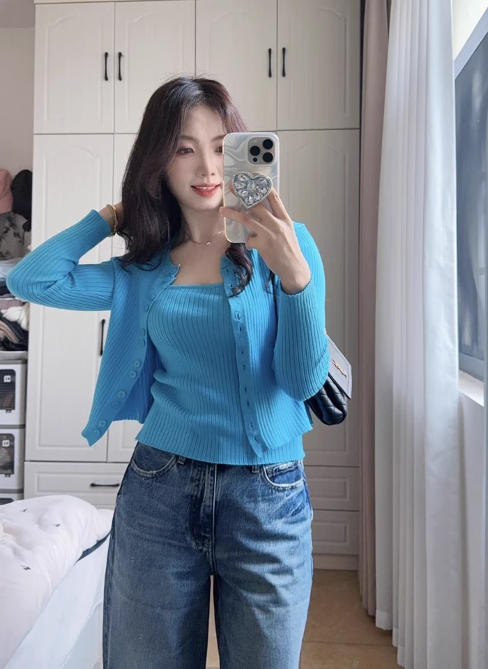 甜粿妹妹Sweet kueh韩系小清新纯欲风多色系针织开衫吊带两件套