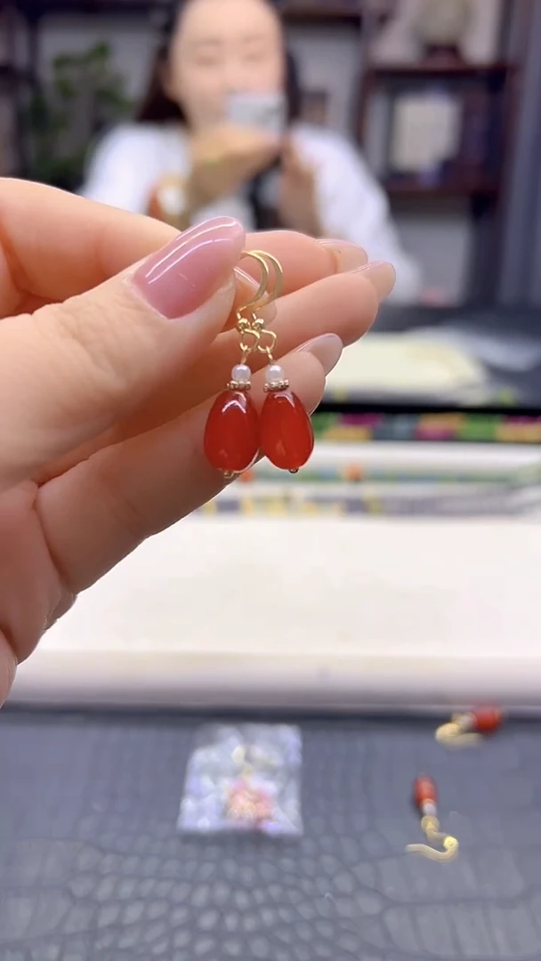 14K金镶嵌南红玛瑙耳饰DIY款E864