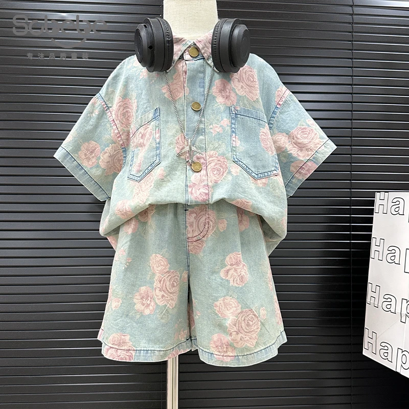 【套装】儿童牛仔套装夏季新款男童套装韩版欧若风浅色花朵AT923