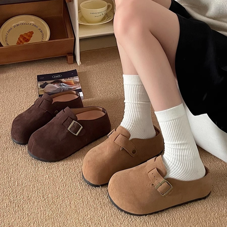 厚底皮带扣勃肯拖鞋女2025春夏季新款百搭复古增高包头半拖鞋单鞋