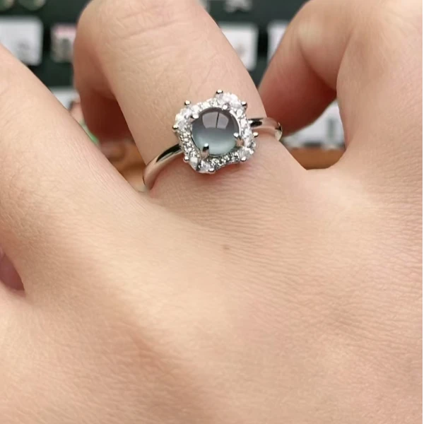 鑫辰珠宝天然A货翡翠银镶嵌设计款开口女戒指时尚百搭