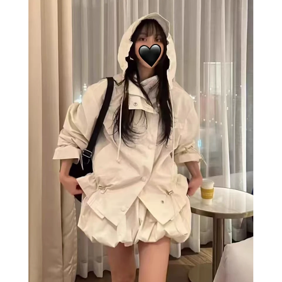 8059韩国定制夏季宽松休闲白色外套女春新款花苞半身裙短裙两件套