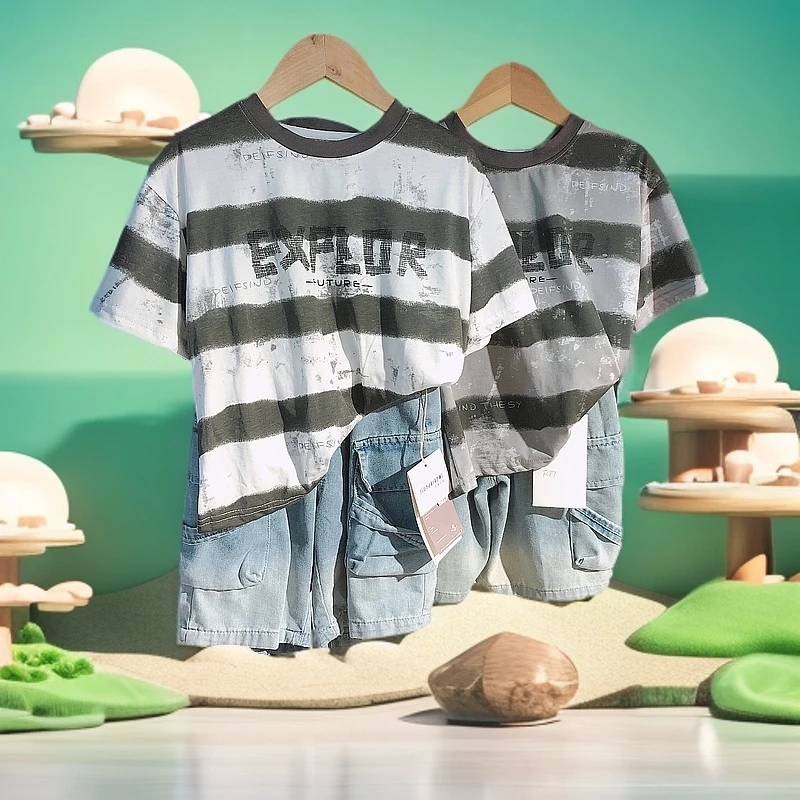 F187儿童夏季时尚晕染条纹E字母款套装