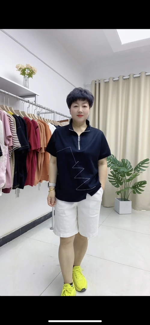 朵姿彩夏季新款大码遮肉显瘦拉链休闲短袖657