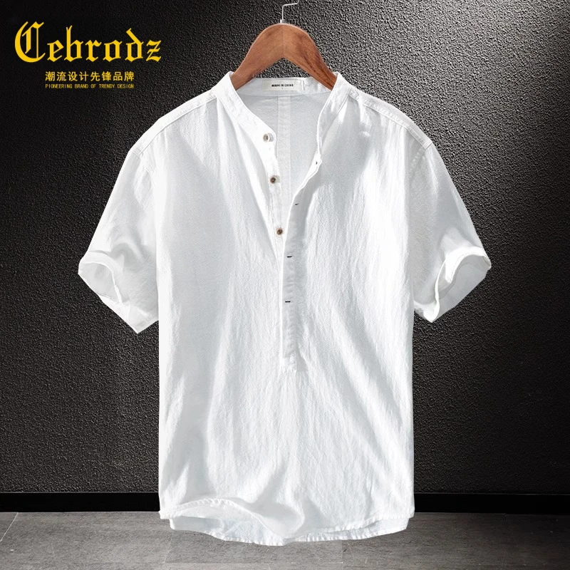 法国Cebrodz棉麻白色短袖衬衫男宽松皱布半开领衬衣立领polo上衣