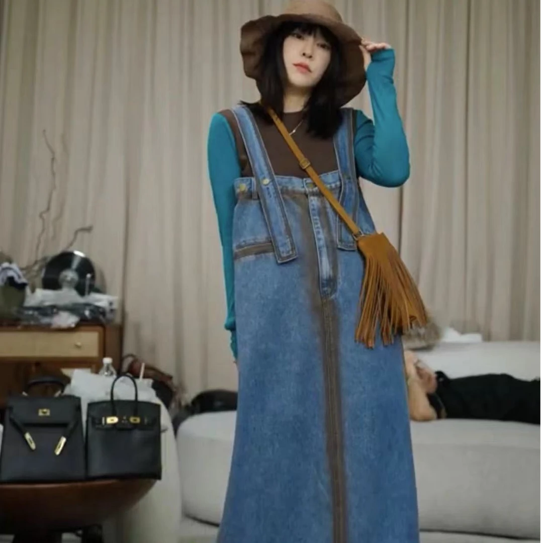 infobyfive2025春季新款牛仔气质蓝色时尚长款背带裙2DG1101