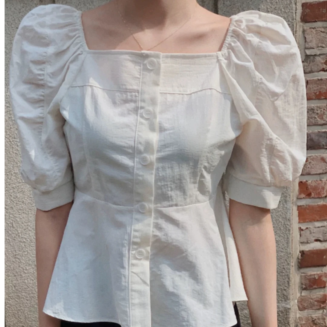 韩系衬衫女法式方领泡泡袖荷叶边收腰甜美 3363