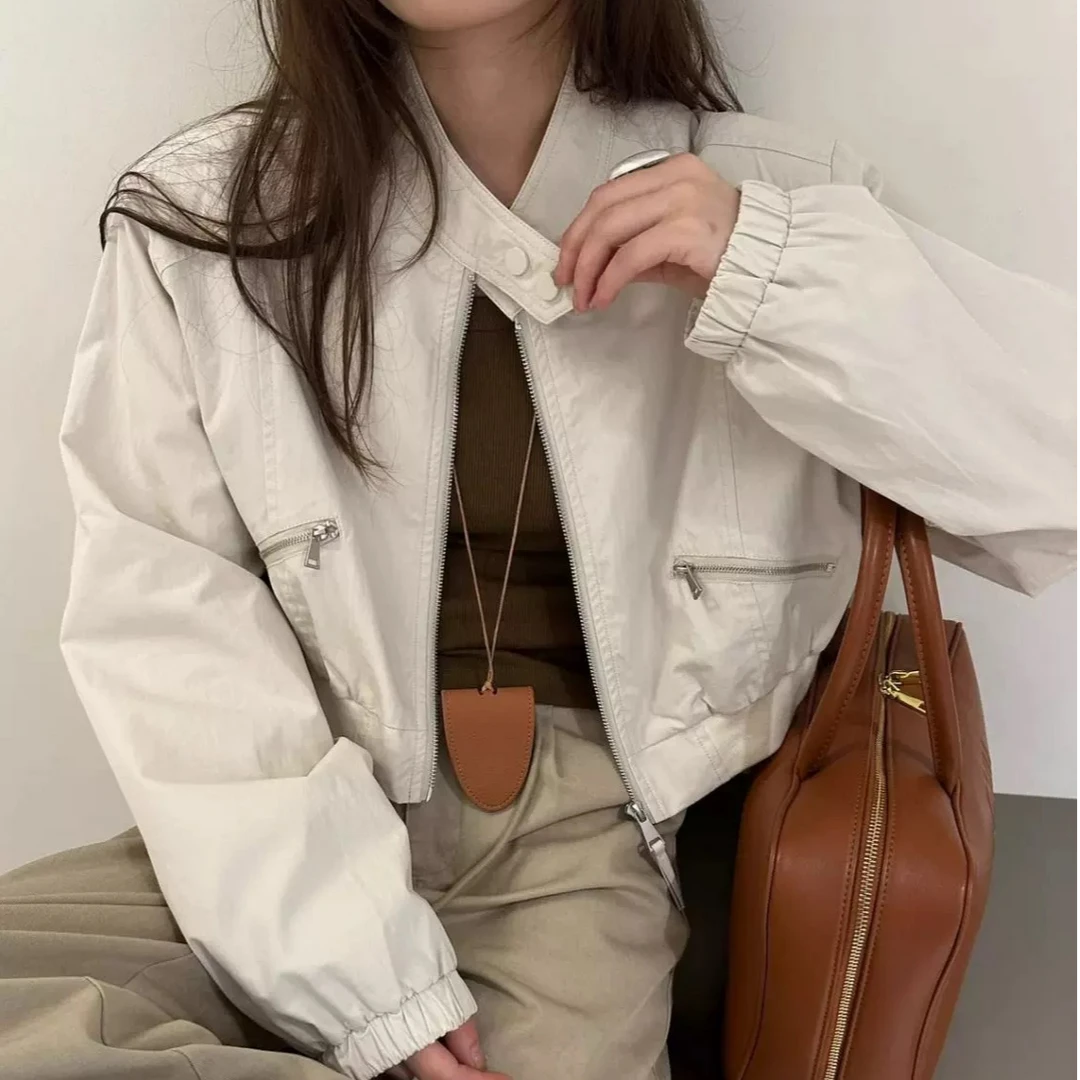 2025女短外套秋季纯色宽松缎面夹克休闲潮流立领时尚短款8805