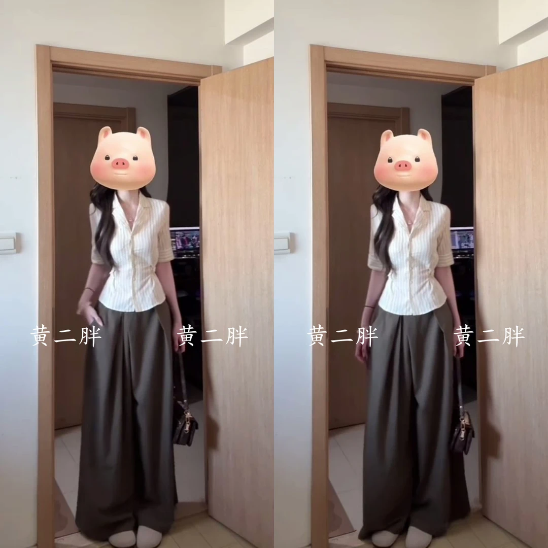 西装领条纹短袖衬衫女慵懒风压褶垂坠感宽松百搭长裤套装2025新款