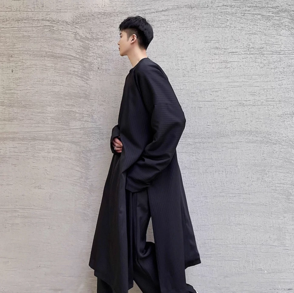 秋冬山本暗黑系小众无领撞色中长款风衣宽松男百搭外套系带大衣潮