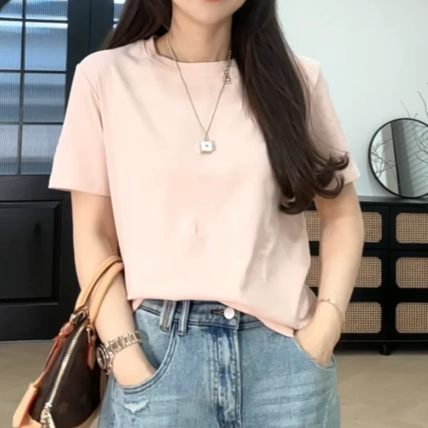 设计感后背纽扣短袖体恤女2025新款春夏休闲时尚百搭简约韩版T恤