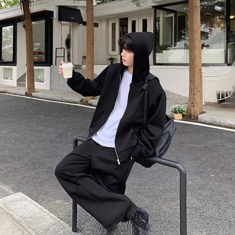 秋季外套男生重磅连帽卫衣潮宽松休闲百搭双拉链开衫黑色上衣秋冬