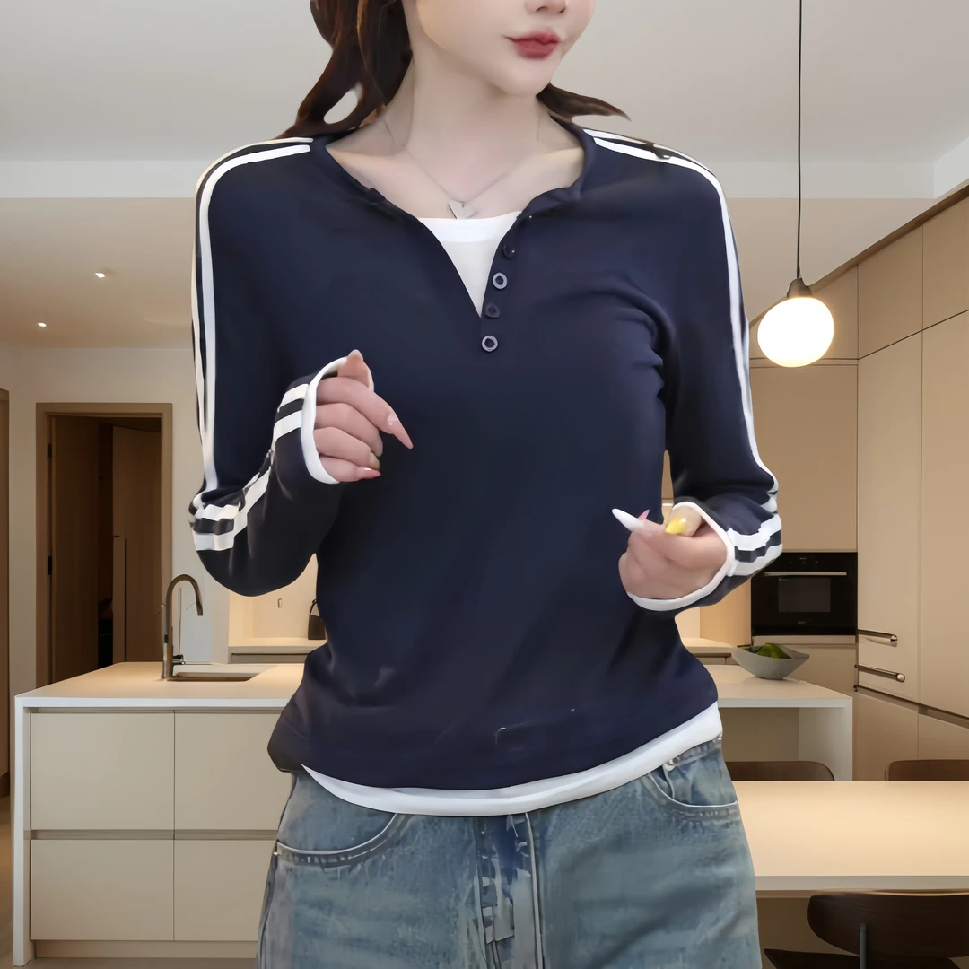 2025春季假两件薄纱时尚轻奢气质洋气长袖T恤上衣女休闲显瘦减龄