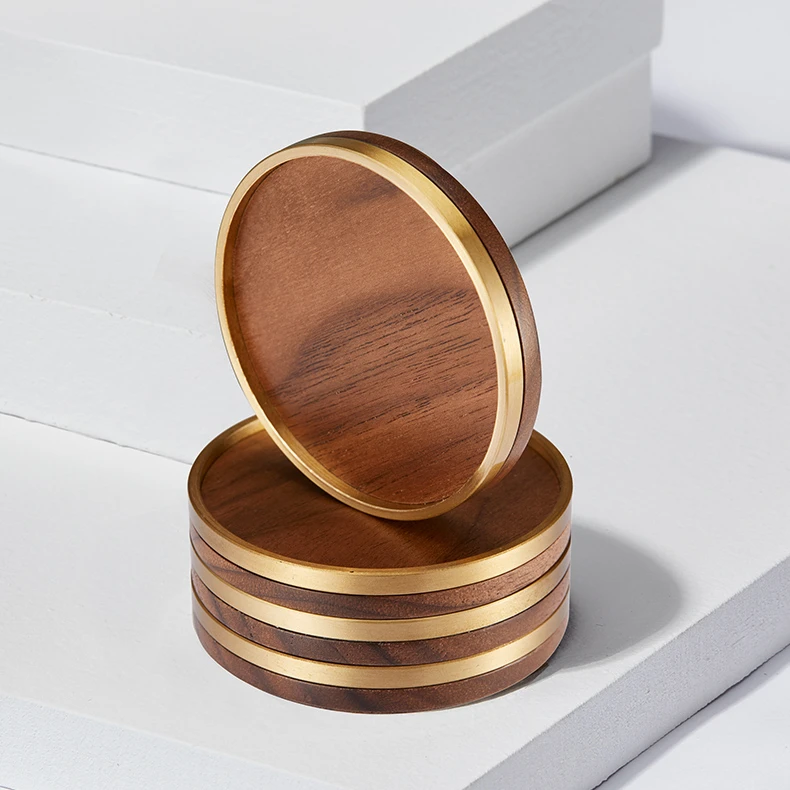 哲品黄铜胡桃木茶杯垫复古创意茶杯功夫茶具垫防烫茶道配件圆形