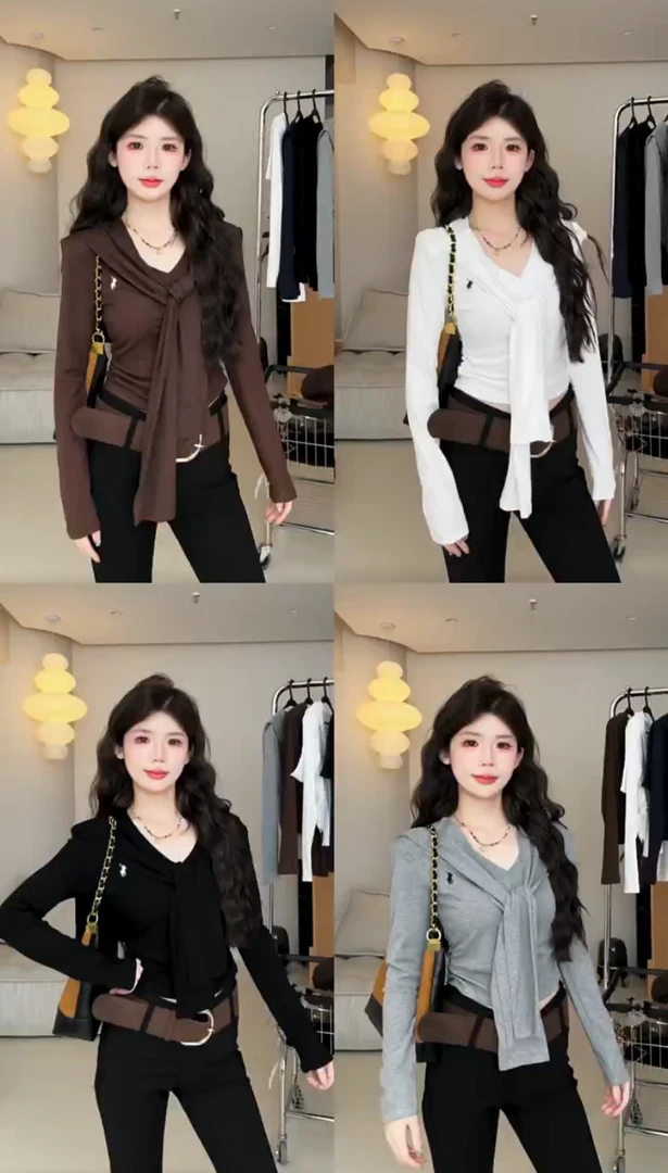 韩系早秋新款假两件气质披肩刺绣V领长袖t袖洋气修身正肩上衣女