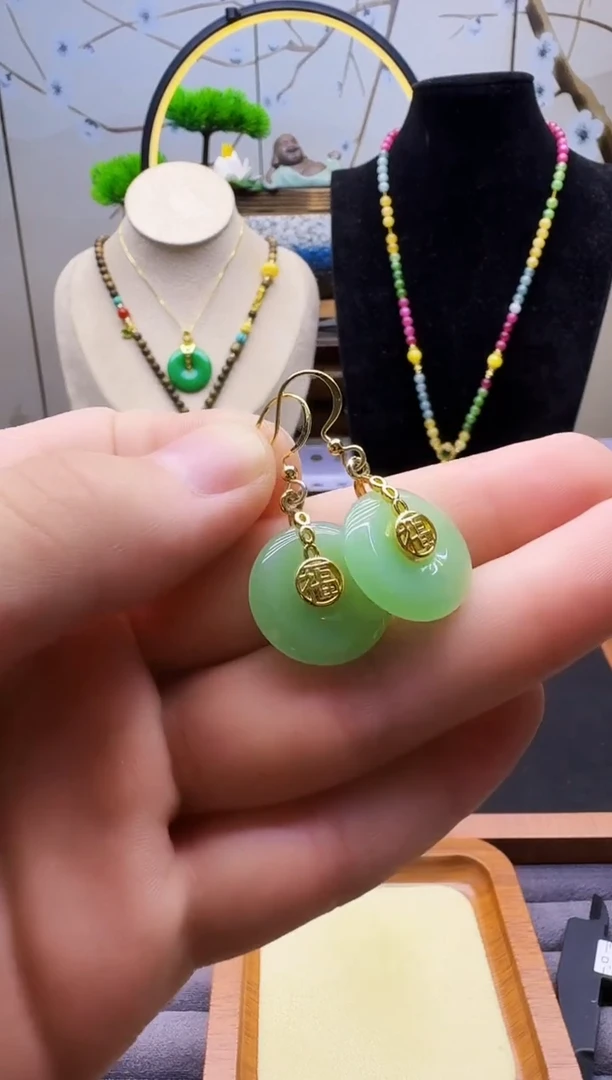 和田玉14K金镶嵌耳饰E157