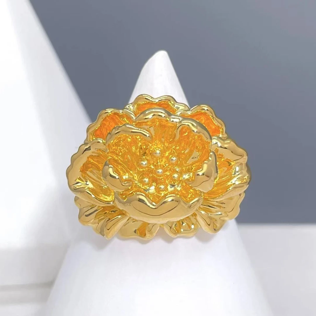 黄金足金999 富贵牡丹花戒指女款黄金戒指小众设计戒指送礼
