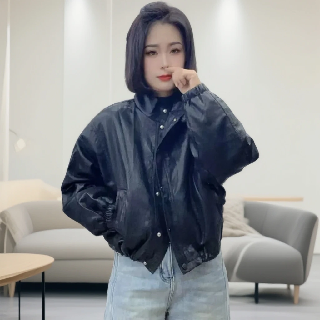 295短款立领加绒加厚皮衣外套女冬季显瘦韩版时尚百搭机车宽松