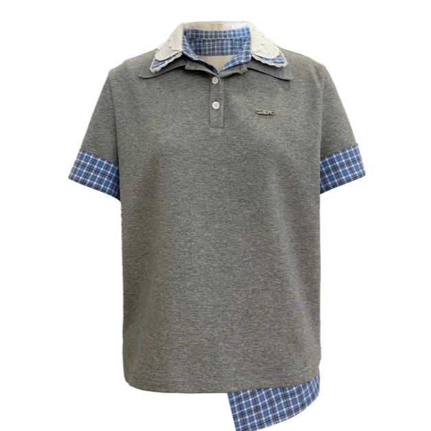 官方授权 SIEW 新品25春夏假两件拼接POLO领蕾丝钉珠T恤