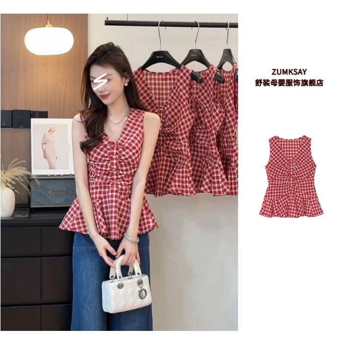 复古红色格子V领背心衬衫夏季褶皱收腰显瘦气质小众无袖上衣女装