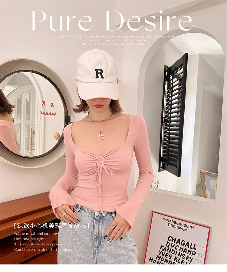 姐妹新款纯欲小心机双面绒抽皱蝴蝶结发热衣打底衫