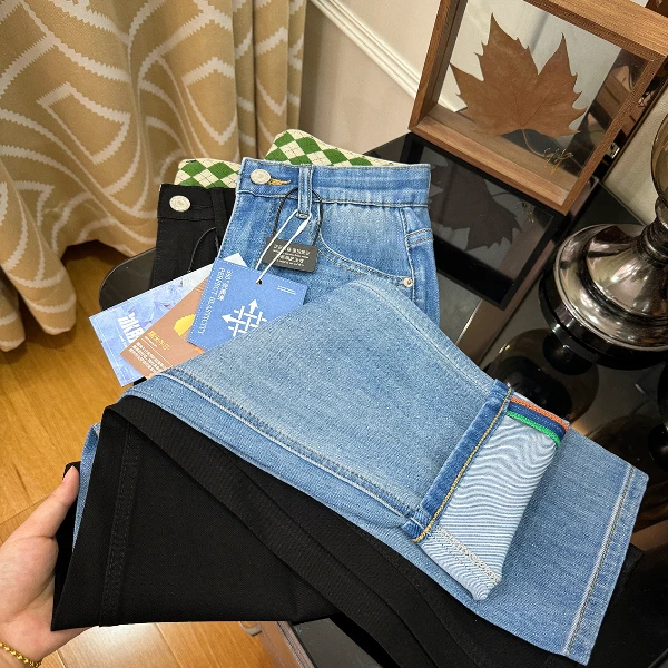 超薄夏季清凉黑色牛仔裤女直筒裤微胖显瘦弹力冰肤柔四面弹九分