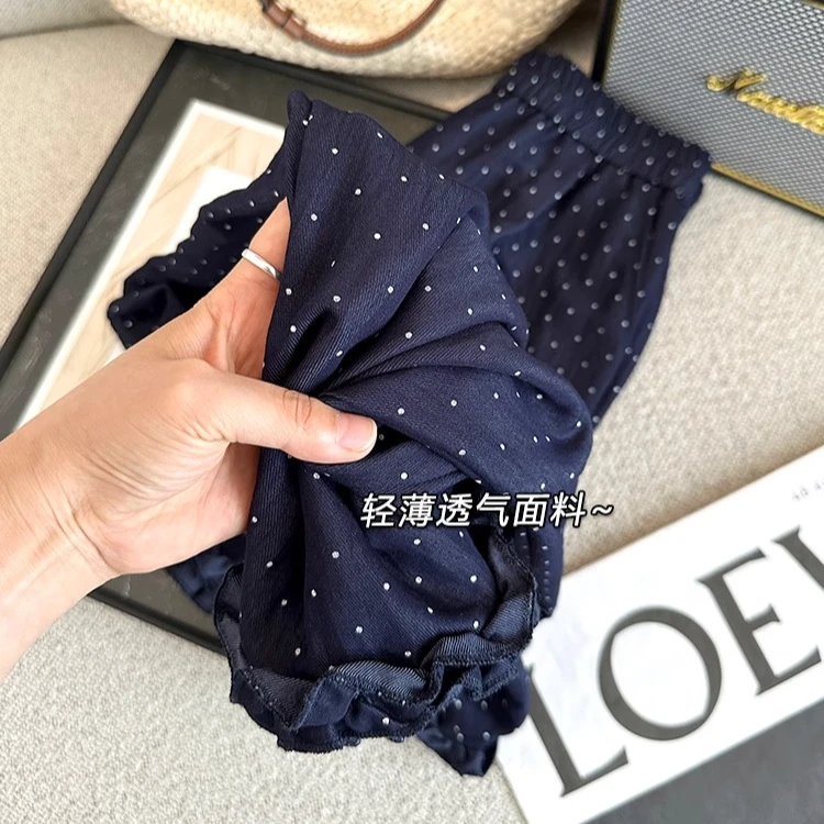 藏青色波点花边直筒裤夏季新款梨形身材高腰显瘦宽松垂感休闲裤