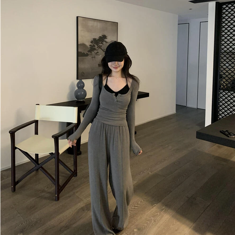 慵懒风通勤休闲三件套女2025秋季长袖上衣内搭吊带高腰阔腿裤套装