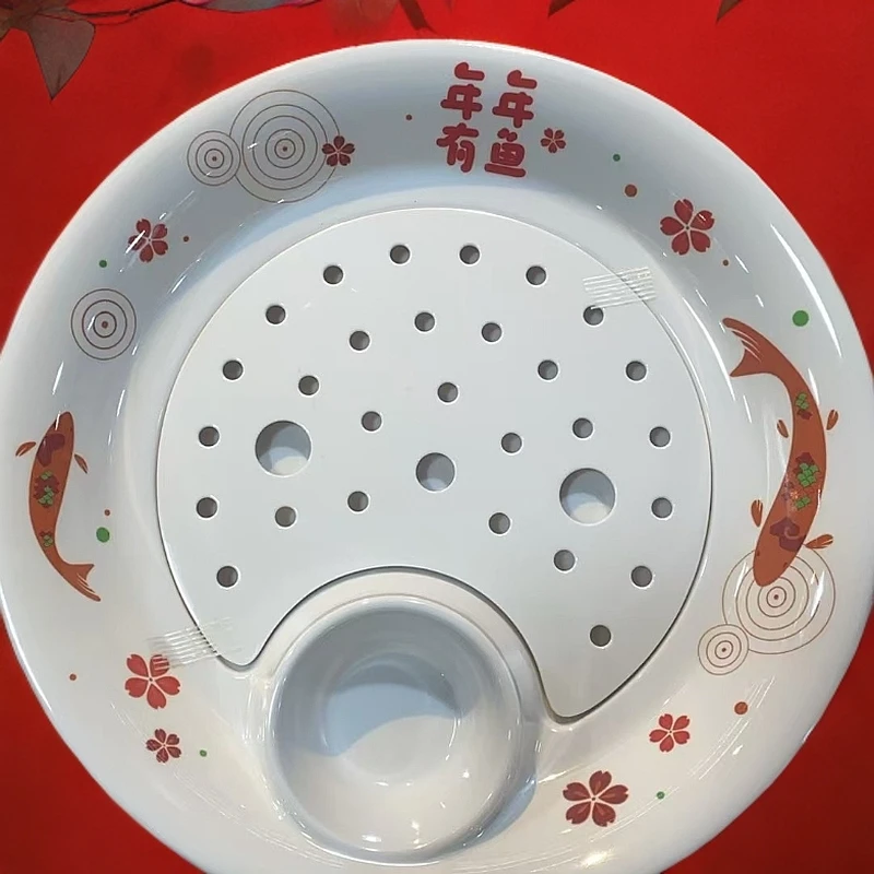 食品级密胺仿瓷饺子盘双层带沥水格大号家用高颜值餐具26*26cm