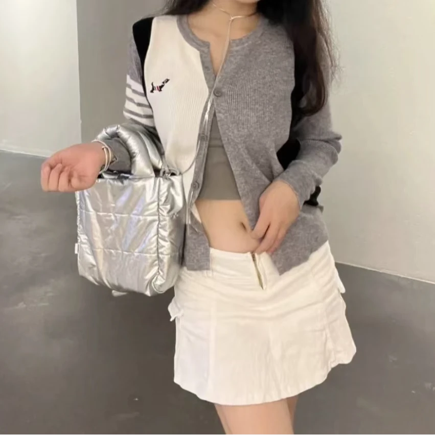 Z027 开衫小狗学院风拼接撞色V领针织开衫女春秋洋气显瘦线衣