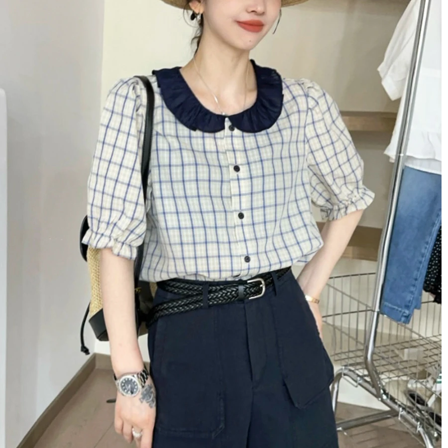 卢大婷专属撞色格子娃娃领衬衫女欧洲站2025夏装新款女装