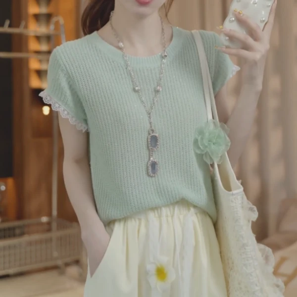春夏季减龄百搭简约蕾丝薄款针织蕾丝拼接袖口T恤女上衣H6-94