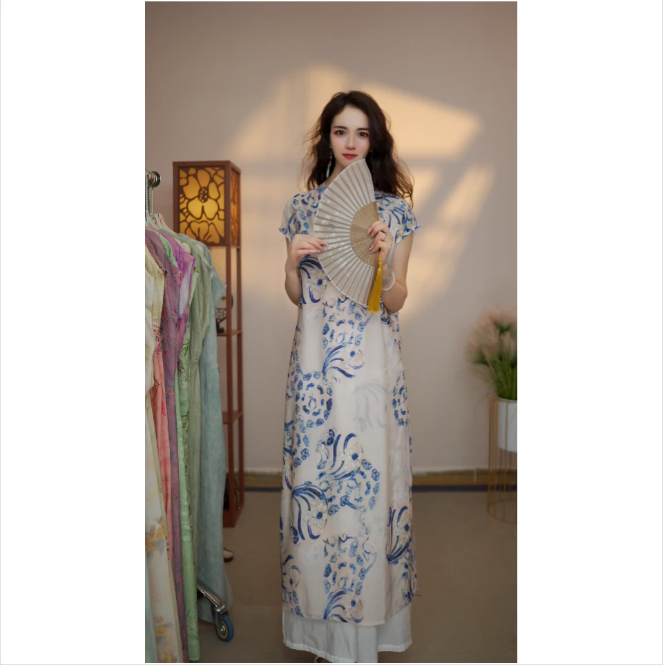 素麻【青花瓷】月亮袖108新款夏季女装连衣裙新中式气质百搭显瘦