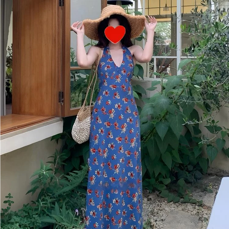 【旧日情人】港风玫瑰碎花蓝色V领A字挂脖吊带收腰大码显瘦连衣裙