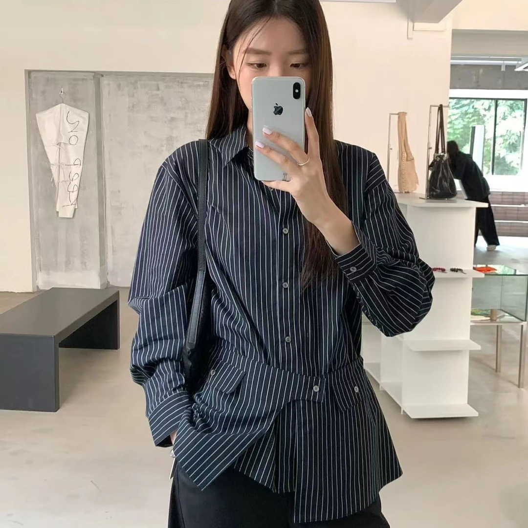 5053通勤欧尼 屁帘条纹慵懒衬衣