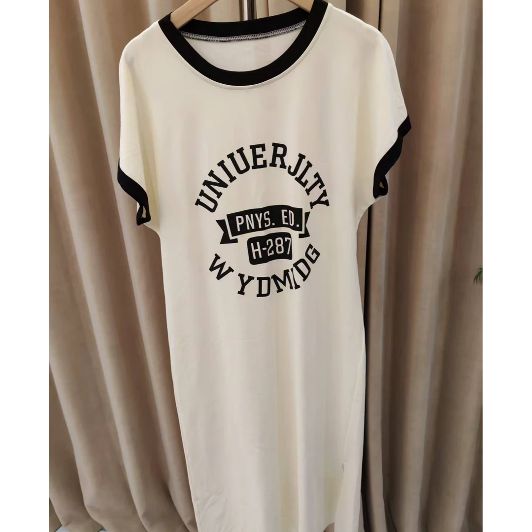 欧货夏连衣裙女字母印花长裙设计感短袖修身显瘦居家裙Q1355